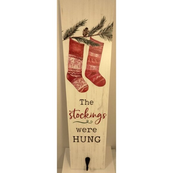 The Stockings Were Hung Wood Sign Hanger Hook Board Christmas P Graham Dunn USA - Picture 2 of 5